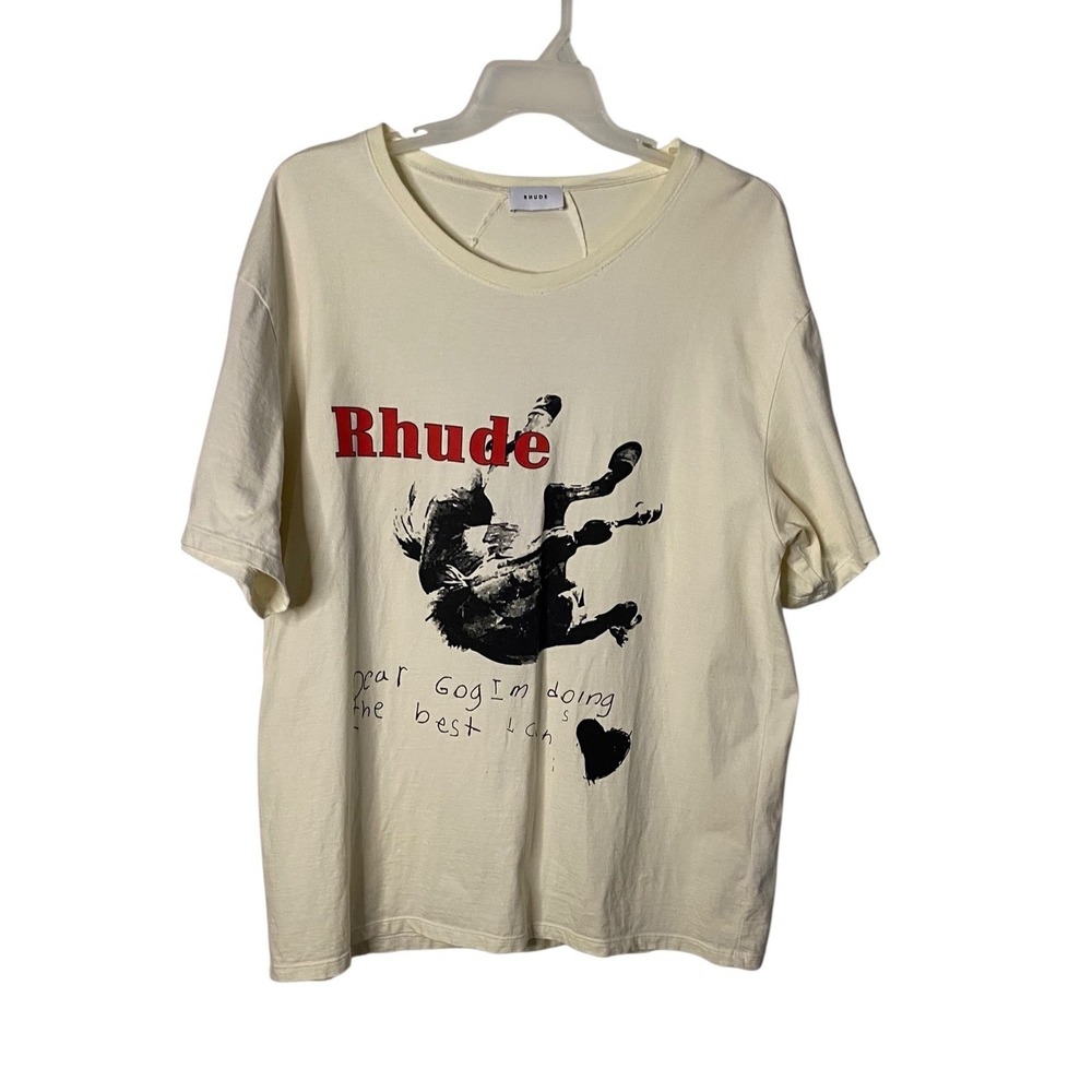 Rhude Dear God I'm Doing The Best I Can Falling Horse Graphic Tee Cream 2XL